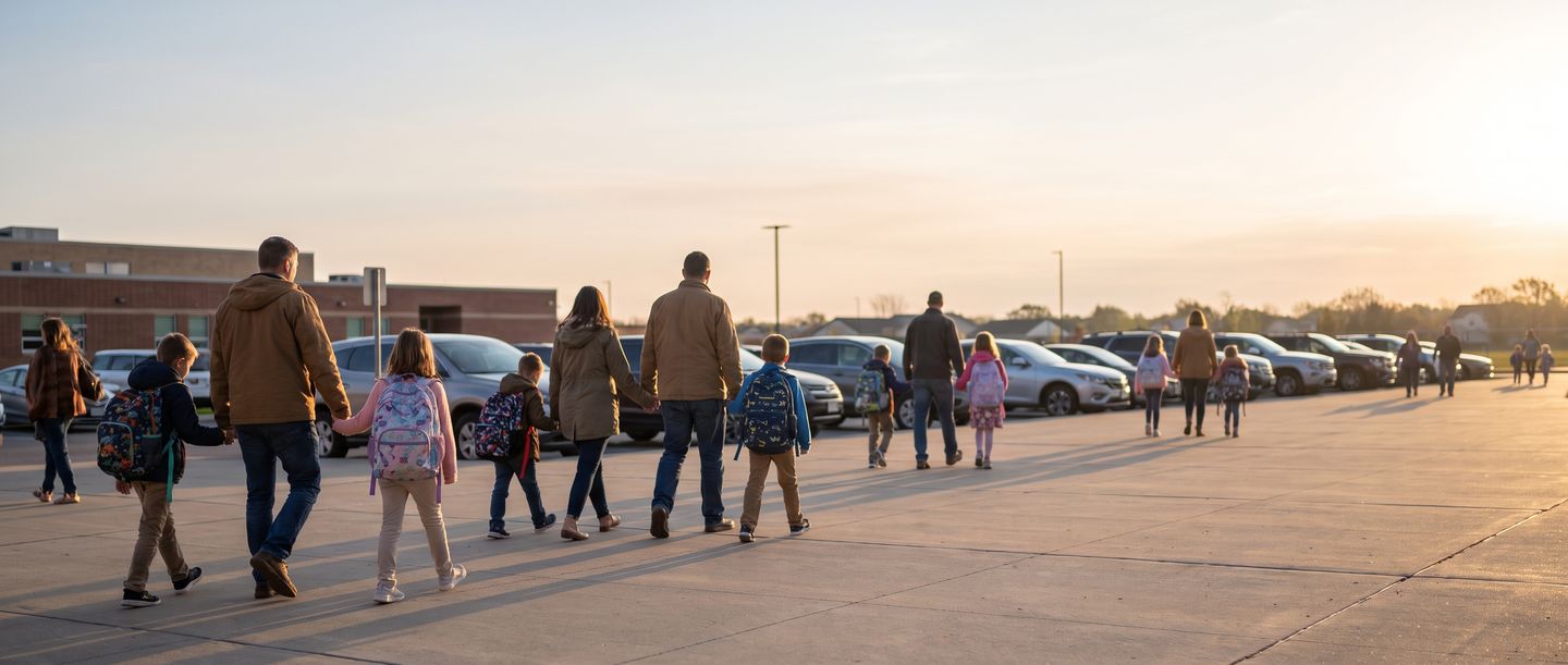Un grupo de familias camina con sus hijos por el patio de la institución hacia los coches al final del día